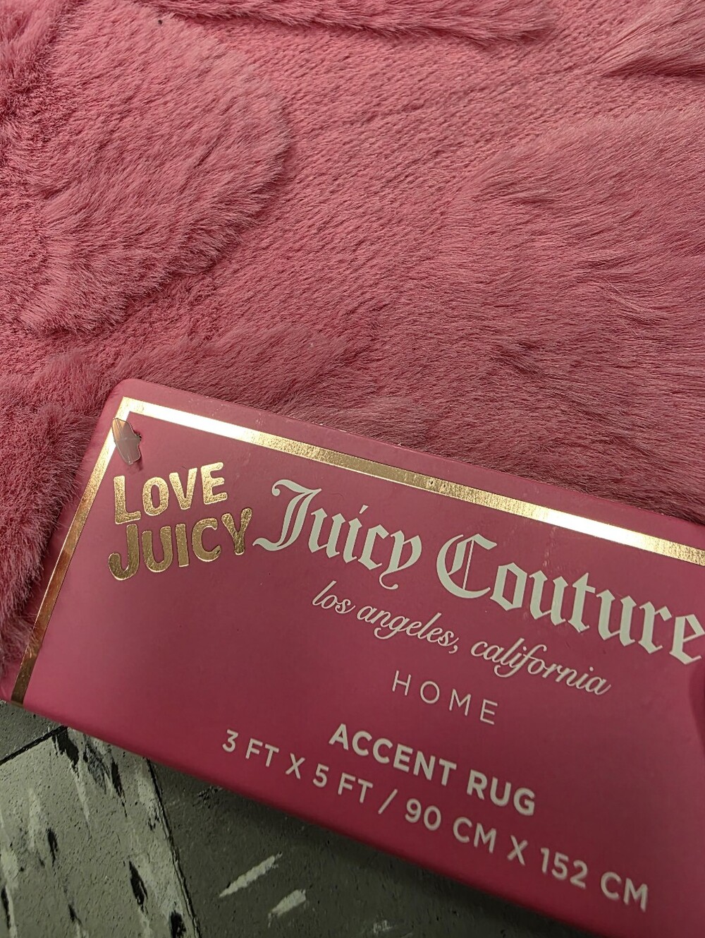 Juicy Couture Pink Plush Accent Rug with Gold Logo Packaging